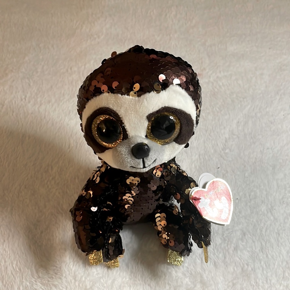 TY Flippables Limited Collection Dangler the Sloth Brown Gold Sequins Plush 6”